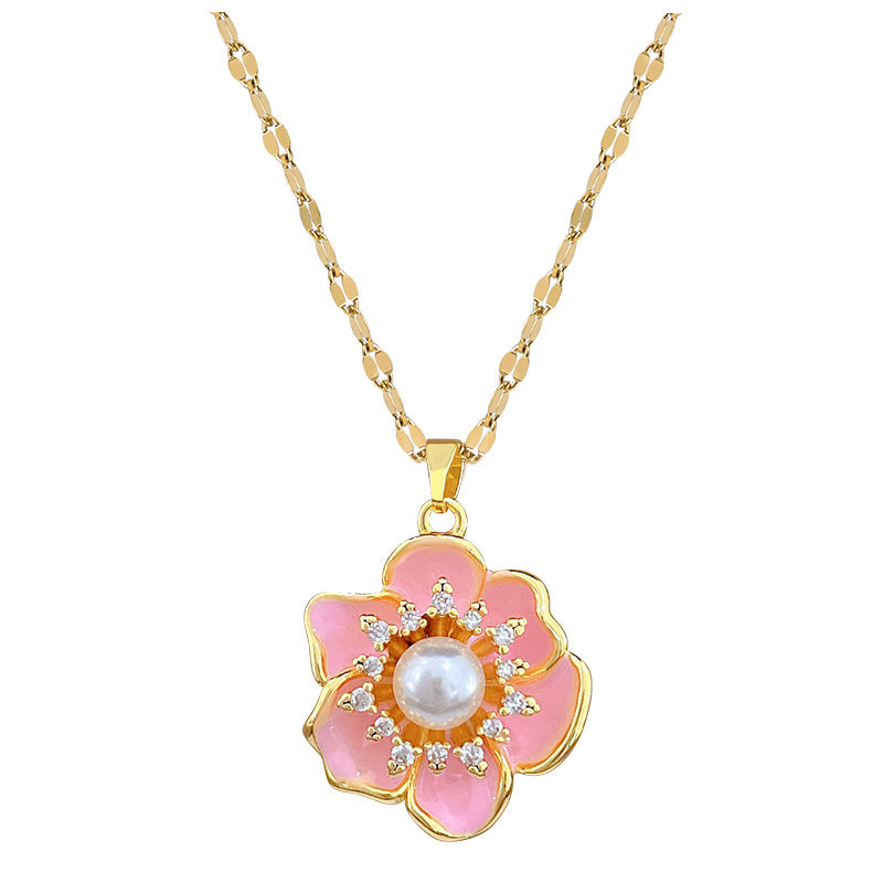 Sweet Luxury Pink Drip Oil Floral Rhinestone Titanium Steel Necklace for Unisex