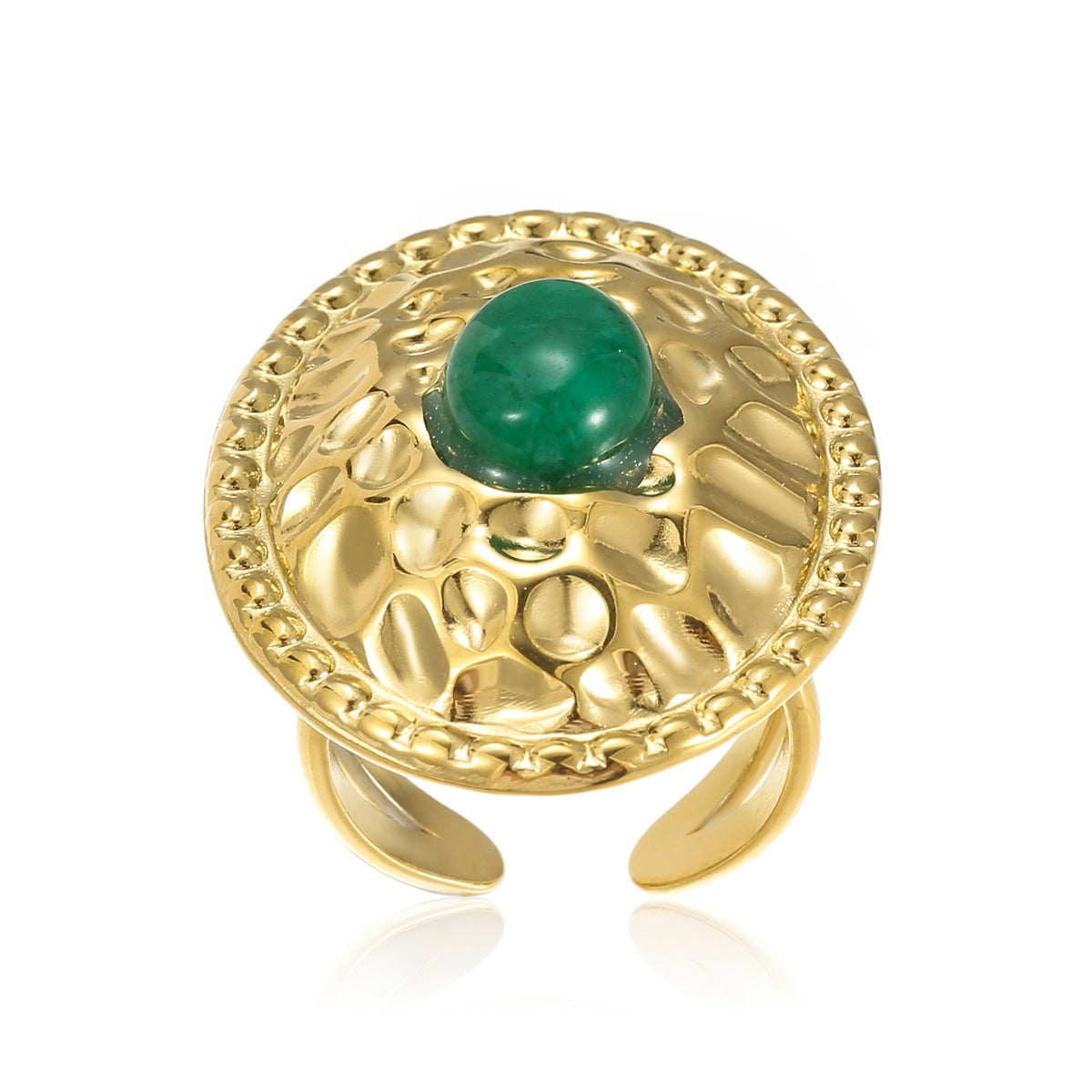 Elegante anillo de acero inoxidable ovalado arrugado estilo vintage francés con incrustaciones de piedra natural para mujer