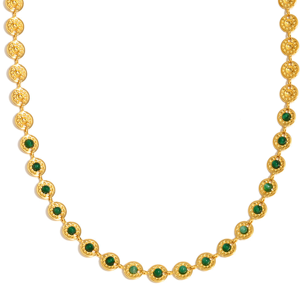 Vintage Chic Geometric Pendant Necklace for Women Stainless Steel with 18K Gold Plating and Green Stone Accent