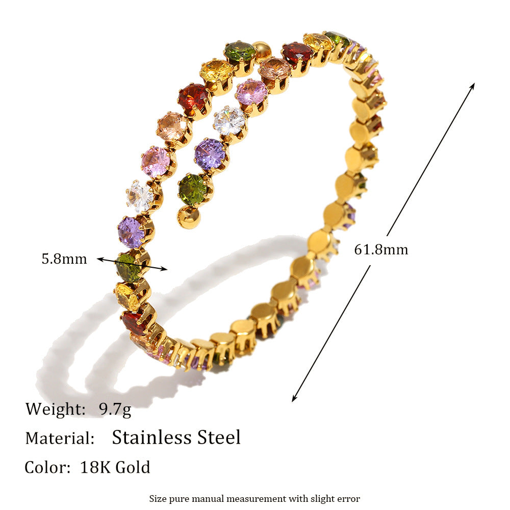 Bracciale Minimalista Geometrico in Acciaio Inossidabile con Placcatura in Oro 18K e Accenti Colorati di Zirconi Cubici