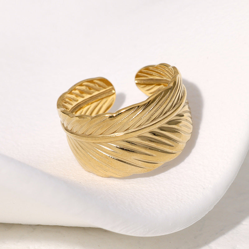 Anello Aperto Minimalista da Donna in Acciaio Inossidabile a Forma di Piuma con Finitura Placcata