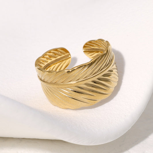 Minimalist Feather-Shaped Stainless Steel Open Ring with Plating Finish for Women