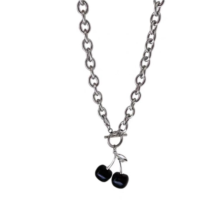 Minimalist Cherry-Shaped Titanium Steel Choker Necklace with Black Plating for Women and Men