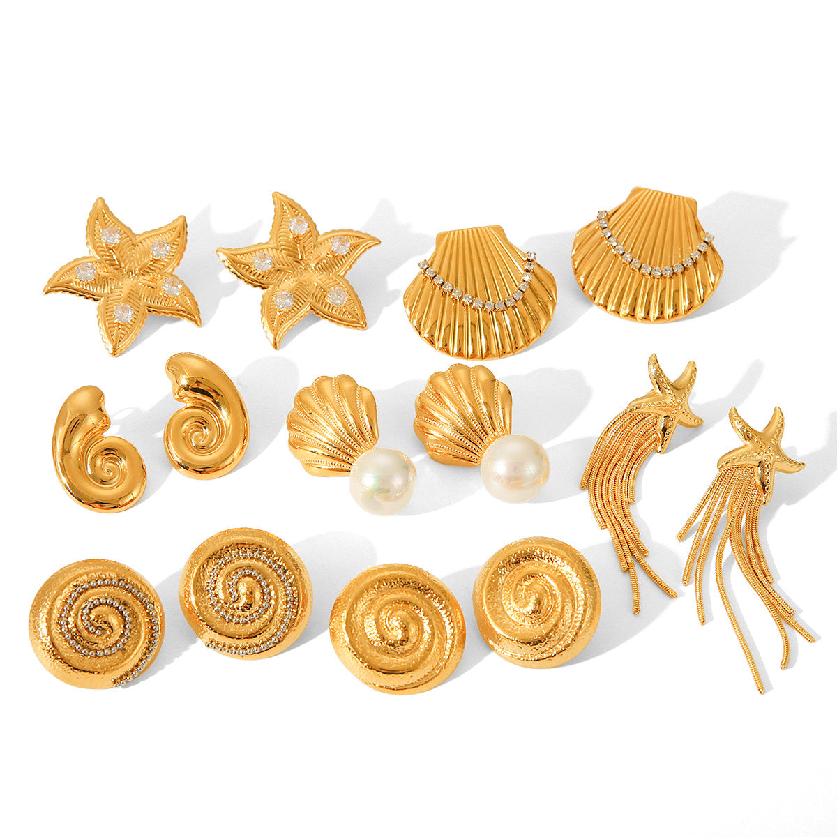 Ins Style Seashell and Starfish Shaped Titanium Steel Earrings with 18K Gold Plating for Women
