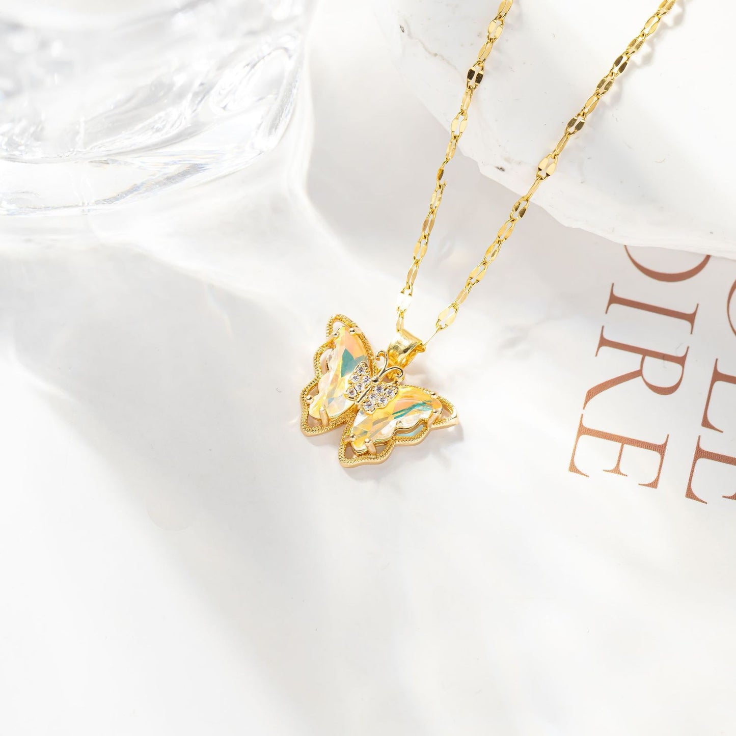 Minimalist Elegant Gold Plated Titanium Steel Butterfly Necklace with Crystal Inlay for Women