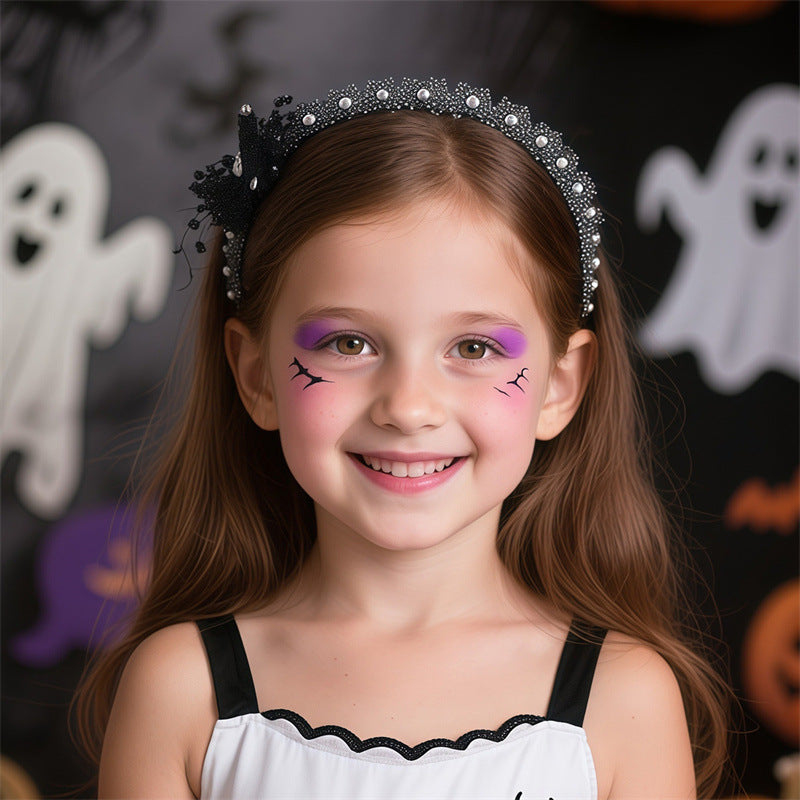 Cerchietto con Fiocco in Pizzo Nero per Halloween con Perle e Strass per Bambine dai 6 ai 10 Anni