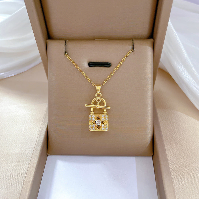 Collar de acero de titanio geométrico minimalista de lujo con incrustaciones de diamantes de imitación para mujer