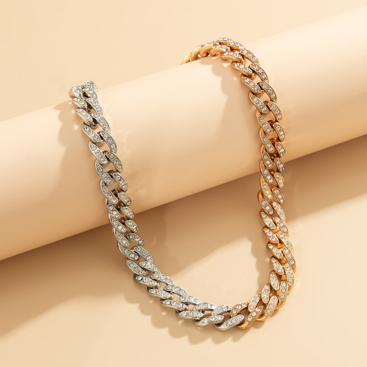 Punk Geometric Cuban Link Necklace for Women Made of Alloy with Rhinestone Inlay