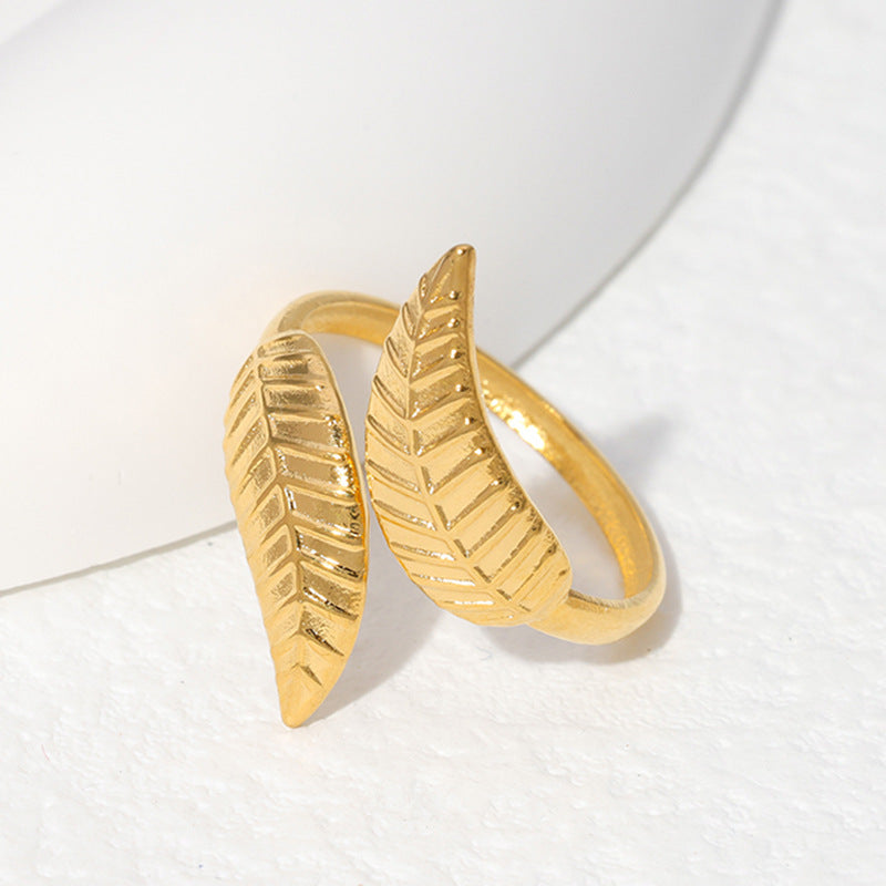 Minimalist Leaf-Shaped Stainless Steel Open Ring for Women with Plated Finish