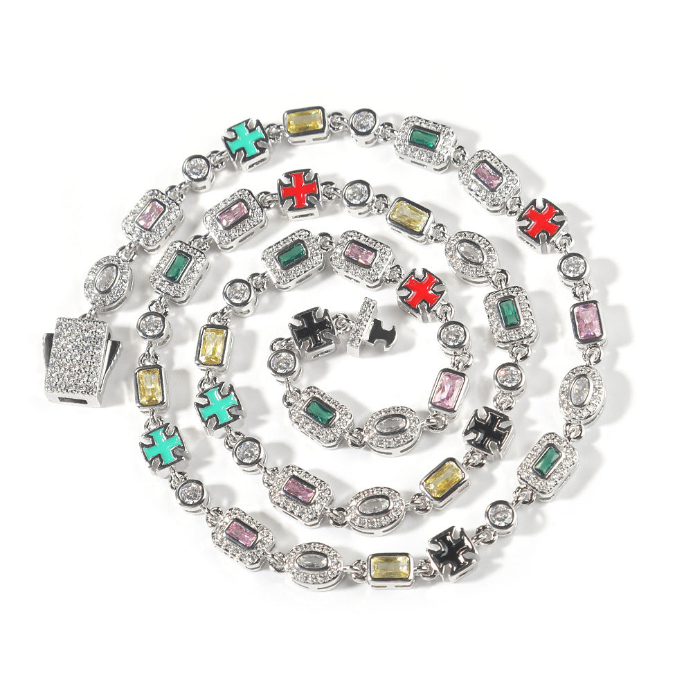 Hip-hop Geometric Round Square Brass Inlay Rhinestone Gemstone Necklace for Unisex