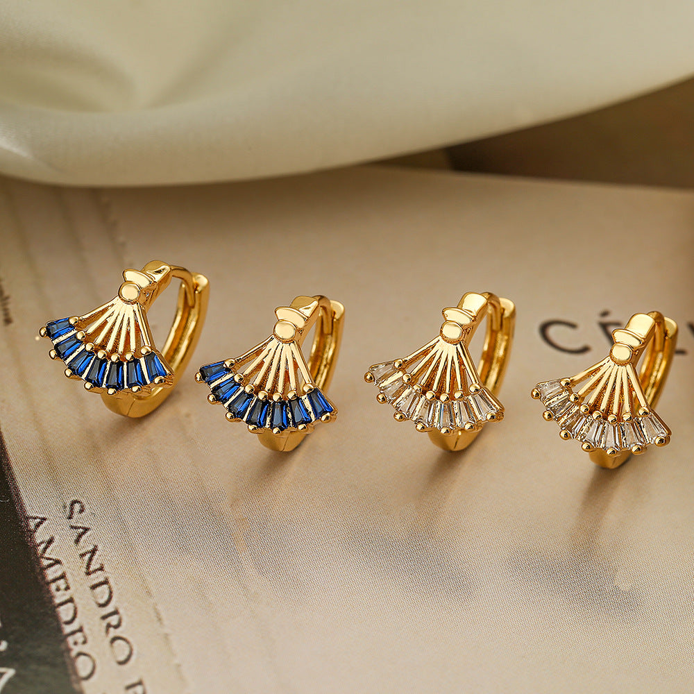 Fashion Geometric Fan Shape Copper Earrings with Micro-inlaid Zircon and 18K Gold Plating for Women