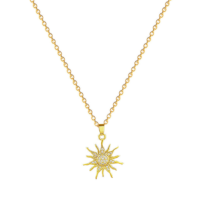 Minimalist Sunflower Pendant Necklace for Women Stainless Steel Geometric Locket Chain with Rhinestone Inlay