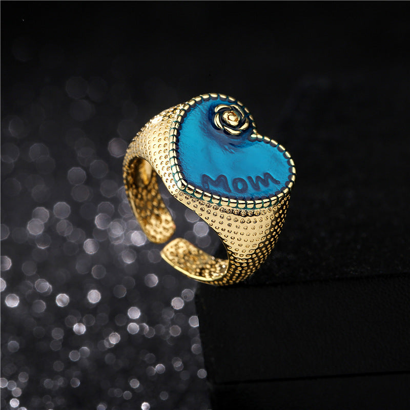 Vintage Bohemian Heart Geometric Drip Oil Brass Ring for Women Adjustable