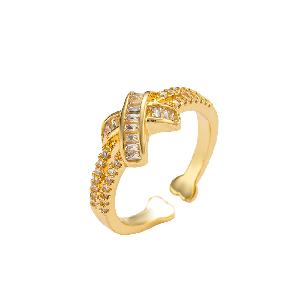 Luxury Minimalist X-Shaped Geometric Ring for Women in Copper Base with 18K Gold Plating and Micro-Paved Zirconia