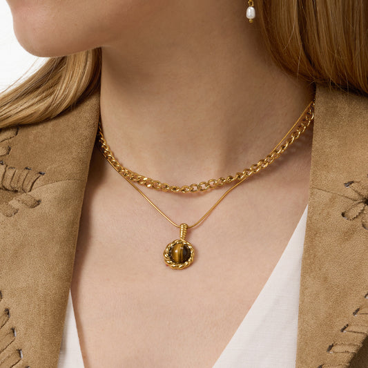 Collana Pendente Occhio di Tigre Geometrico da Donna in Acciaio al Titanio con Finitura Placcata e Catena a Collana in Acciaio Inossidabile