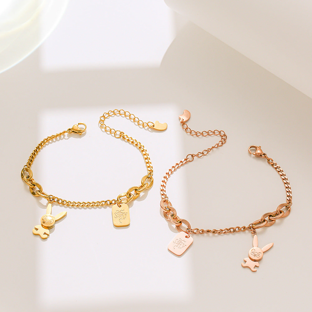 Rose Gold Plated Titanium Steel Rabbit Shape Bracelet for Women with Geometric Design and Fashionable Styling
