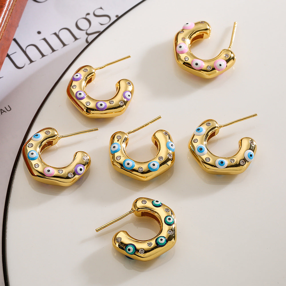 Irregular Geometric C-Shaped Earrings for Women with Micro-Pave Setting in Copper, Fashion-Forward Minimalist Design