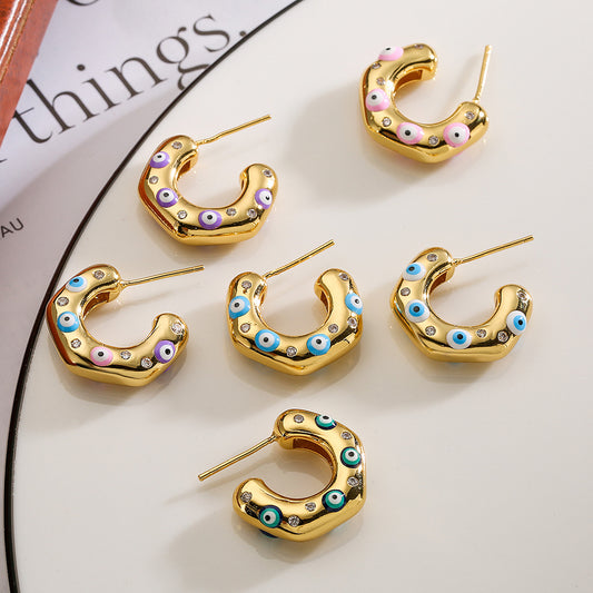 Irregular Geometric C-Shaped Earrings for Women with Micro-Pave Setting in Copper, Fashion-Forward Minimalist Design
