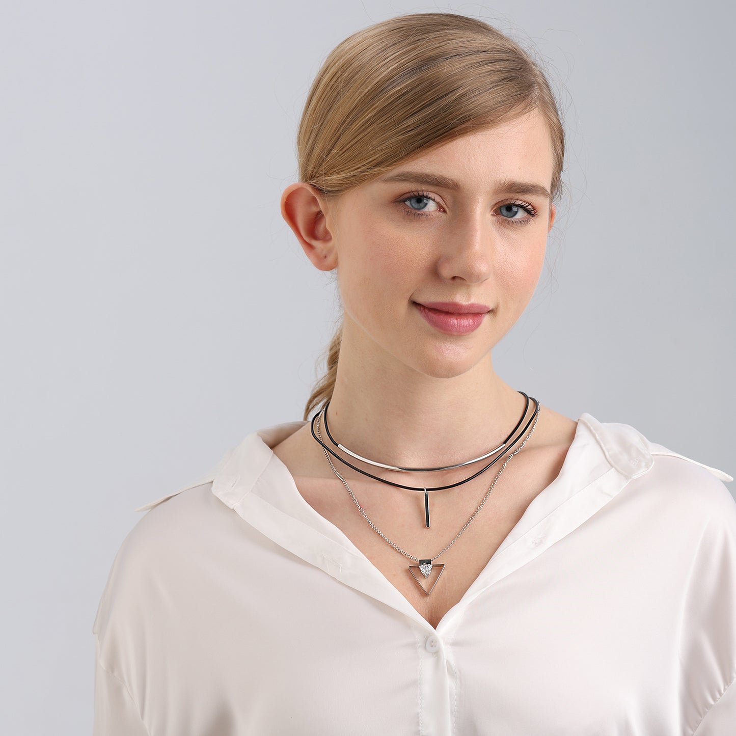 Geometric Triangle Zircon Pendant Necklace for Women with Alloy Chain and Electroplated Finish, Multi-Layer Clavicle Necklace