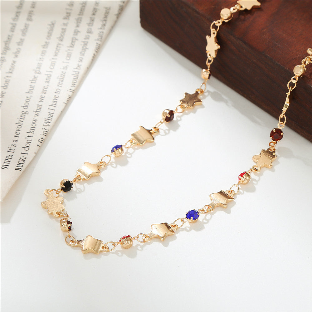 Creative Colorful Rhinestone Star Geometric Alloy Plated Ball Chain Necklace for Women