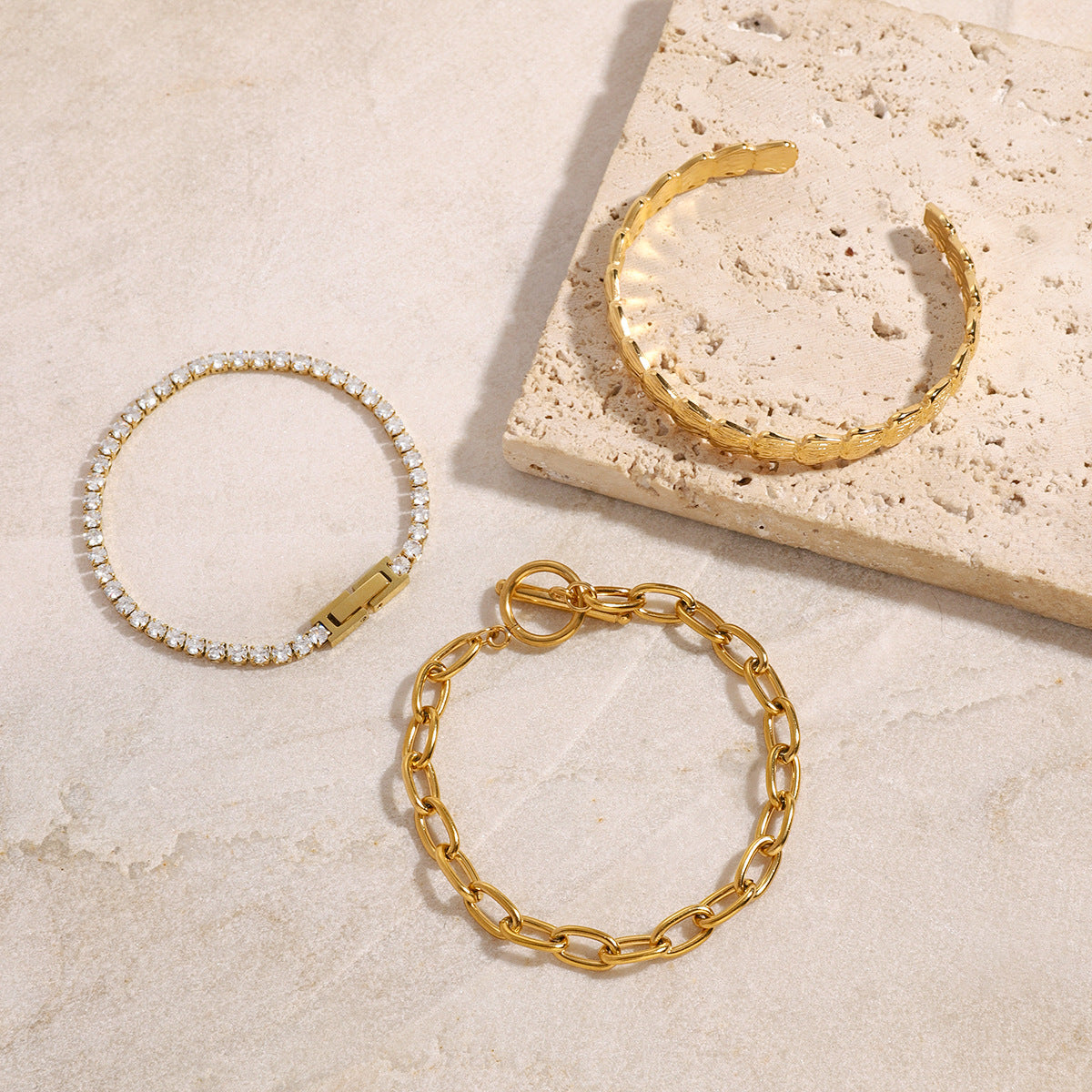 18K Gold Plated Geometric Titanium Steel Cubic Zirconia Bracelet for Women