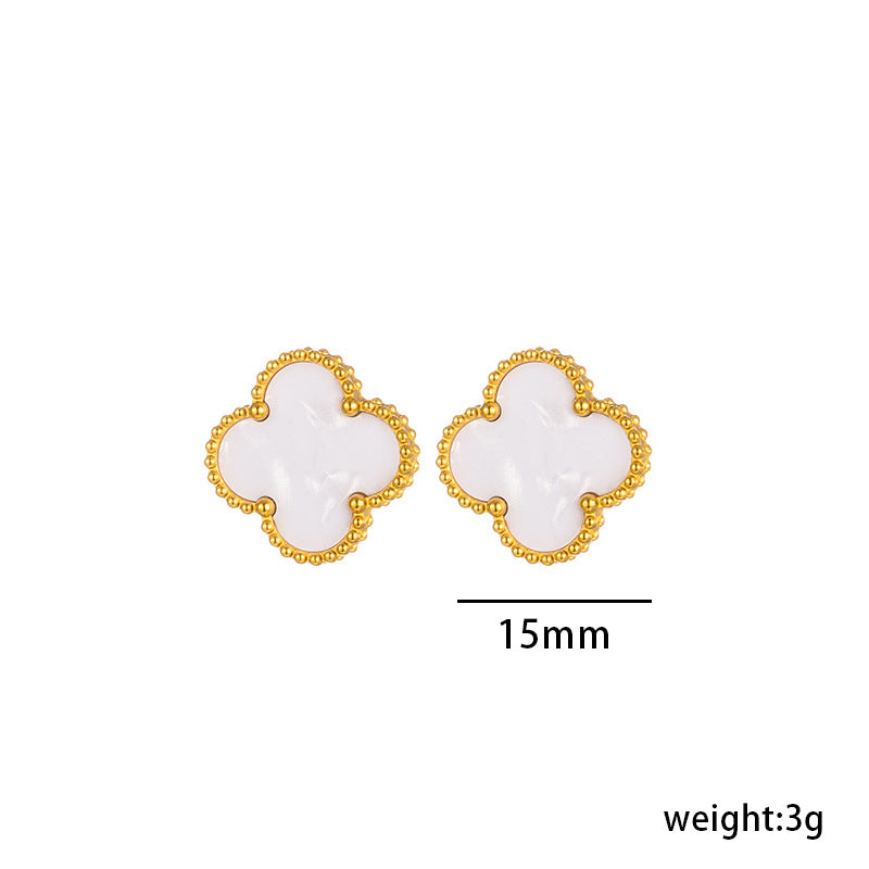 Pulsera Minimalista de Acero de Titanio con Forma de Trébol para Mujer con Baño de Oro e Incrustaciones de Nácar