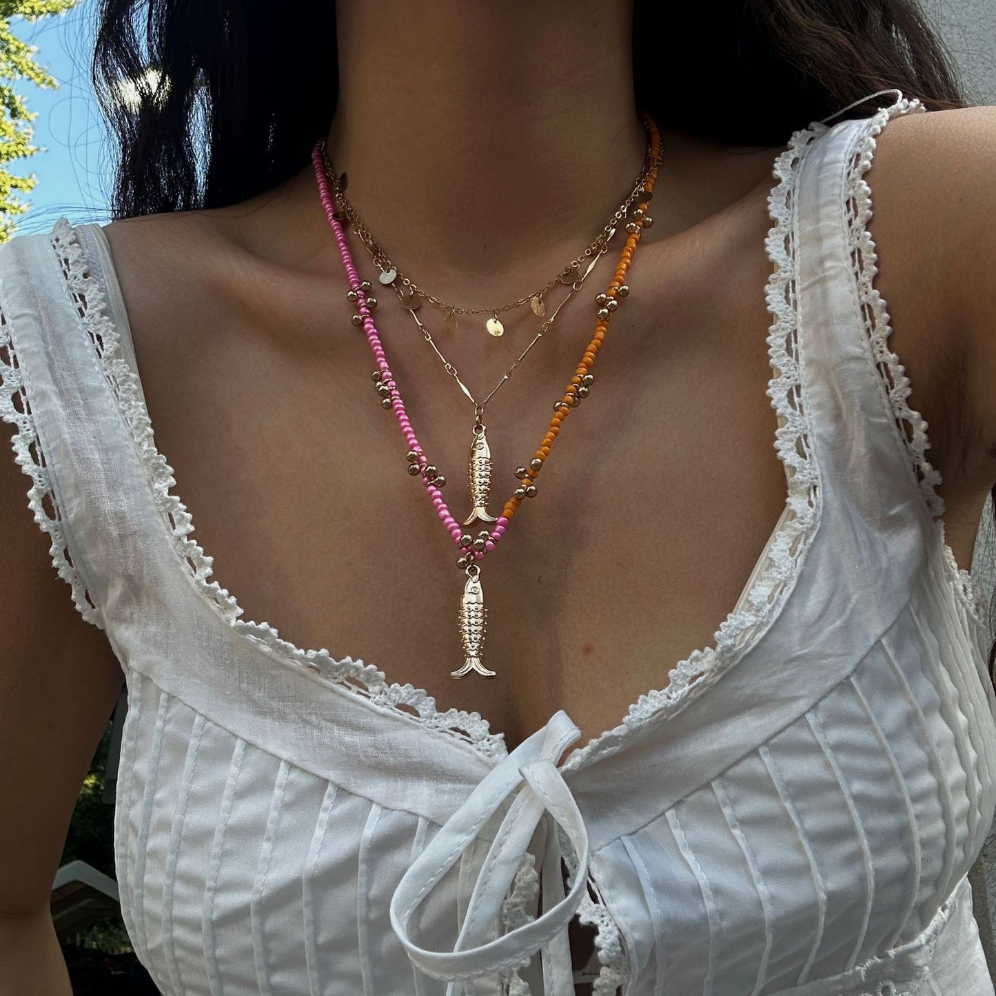 Personality Mermaid Tassel Pendant Necklace Set Alloy Plated Multi-layer Cable Chain for Women