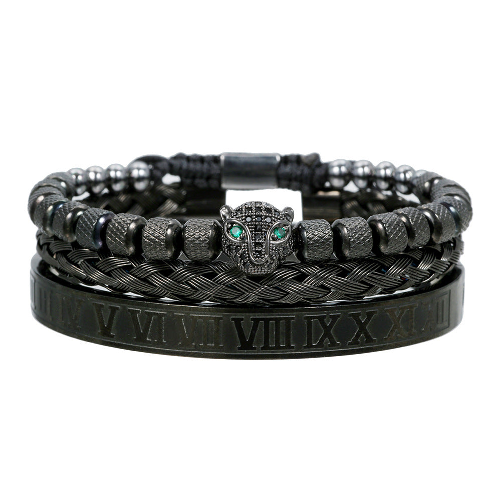 Vintage Geometric Leopard Head Micro-inlaid Cubic Zirconia Woven Stainless Steel Bracelet Set