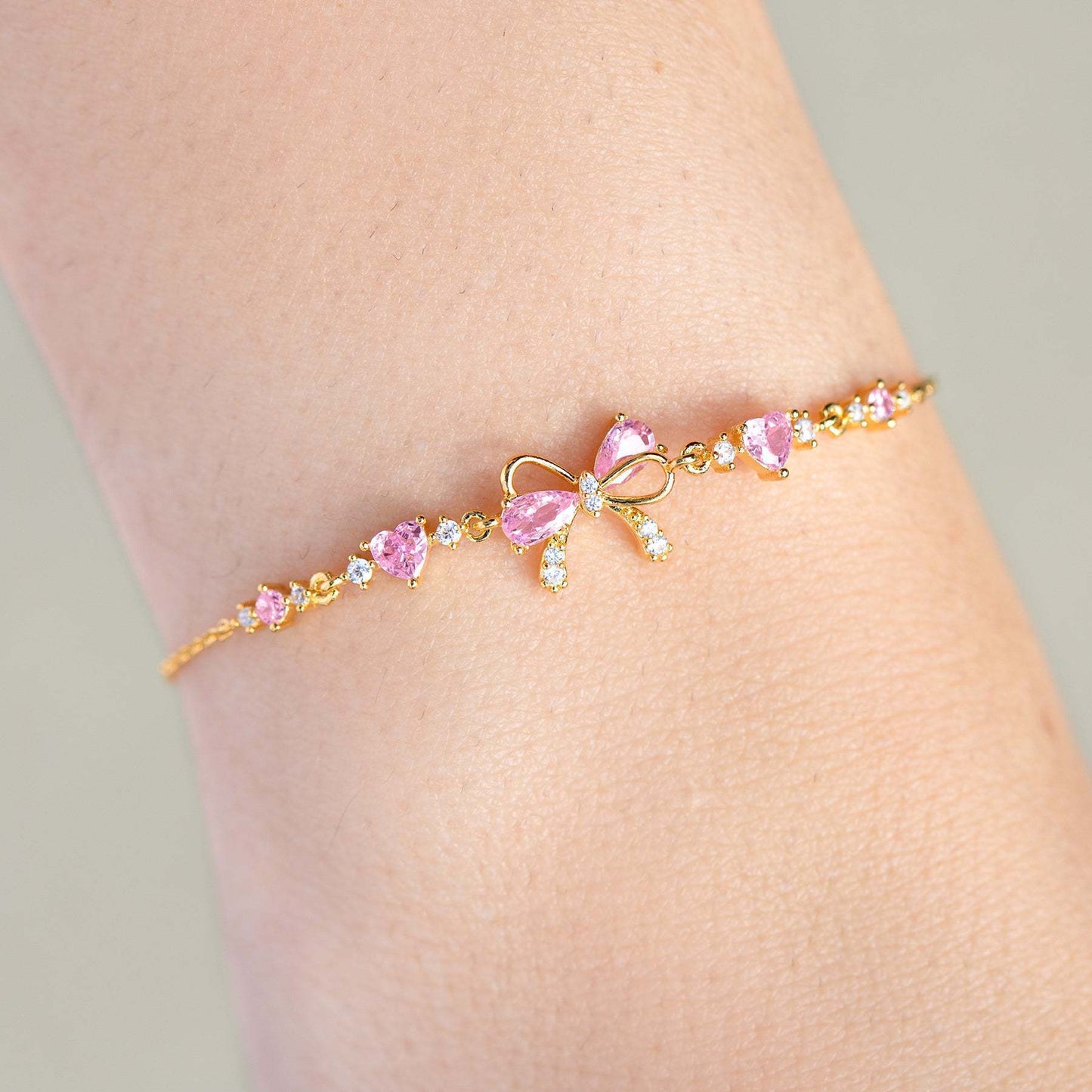 Sweet Heart Butterfly Bow Inlaid Cubic Zirconia Brass Bracelet for Women