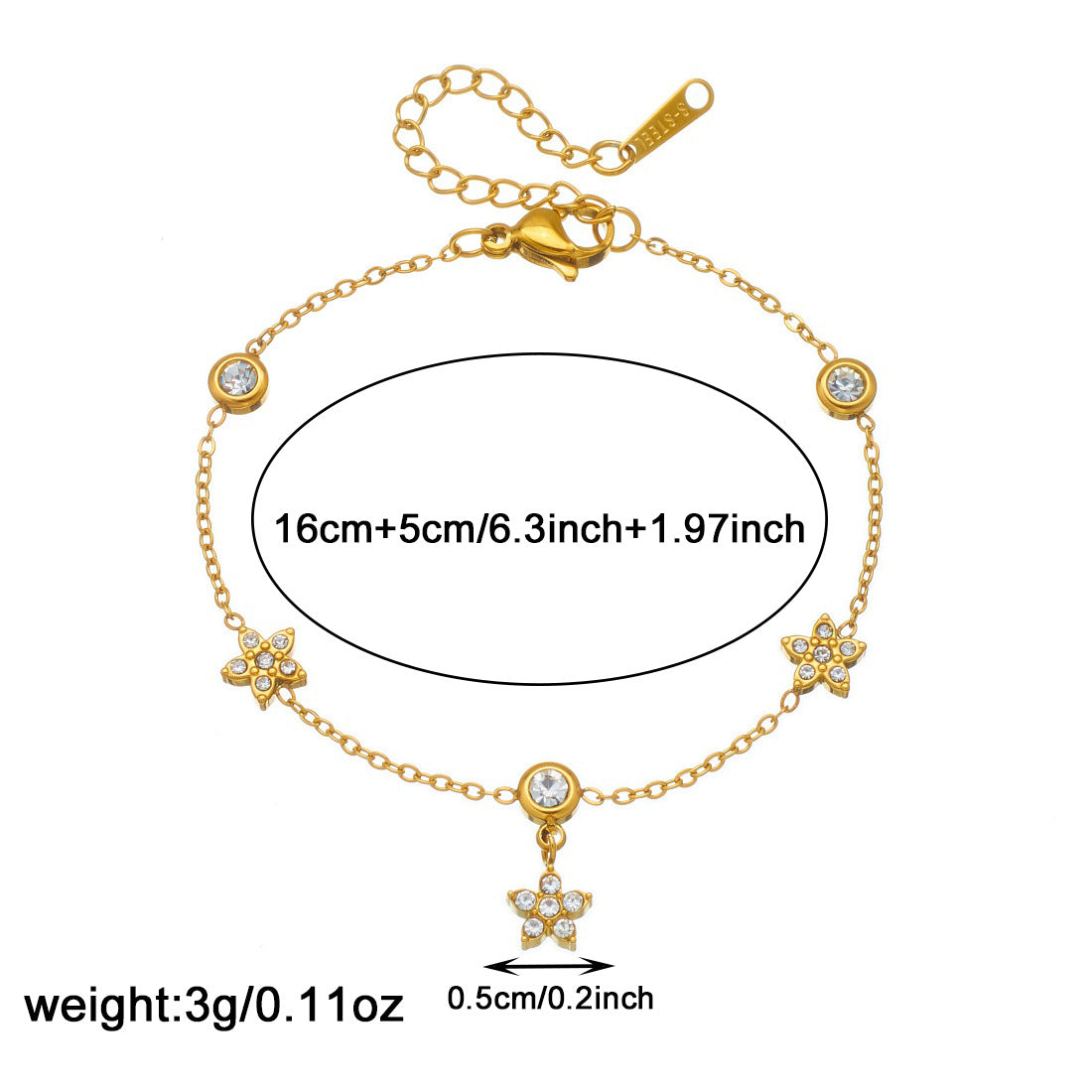 Minimalist Gold Plated Stainless Steel Star Rhinestone Pendant Bracelet for Women