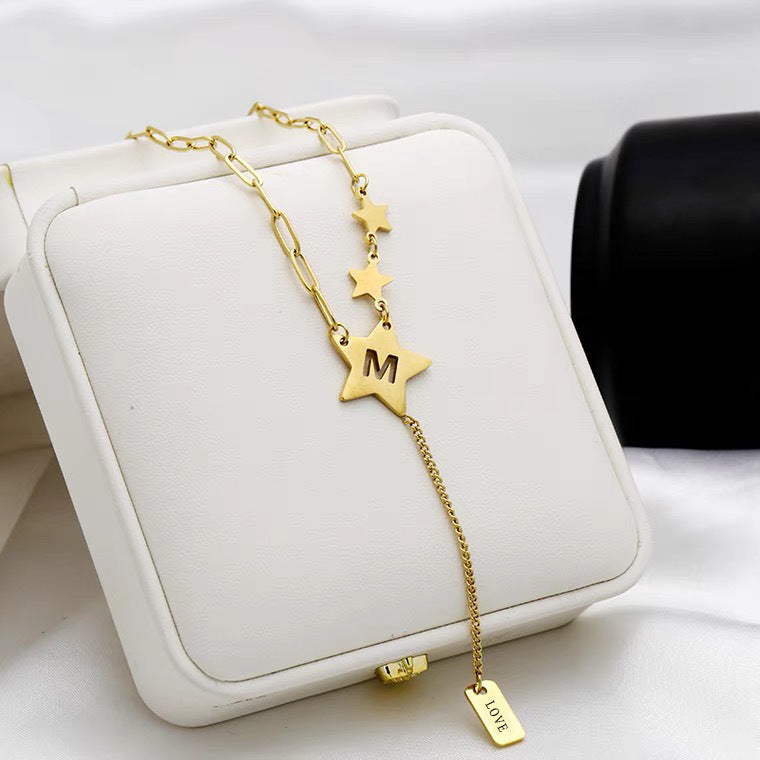 Minimalist Star Pendant Necklace with Tassels in Titanium Steel on Cuban Chain for Women