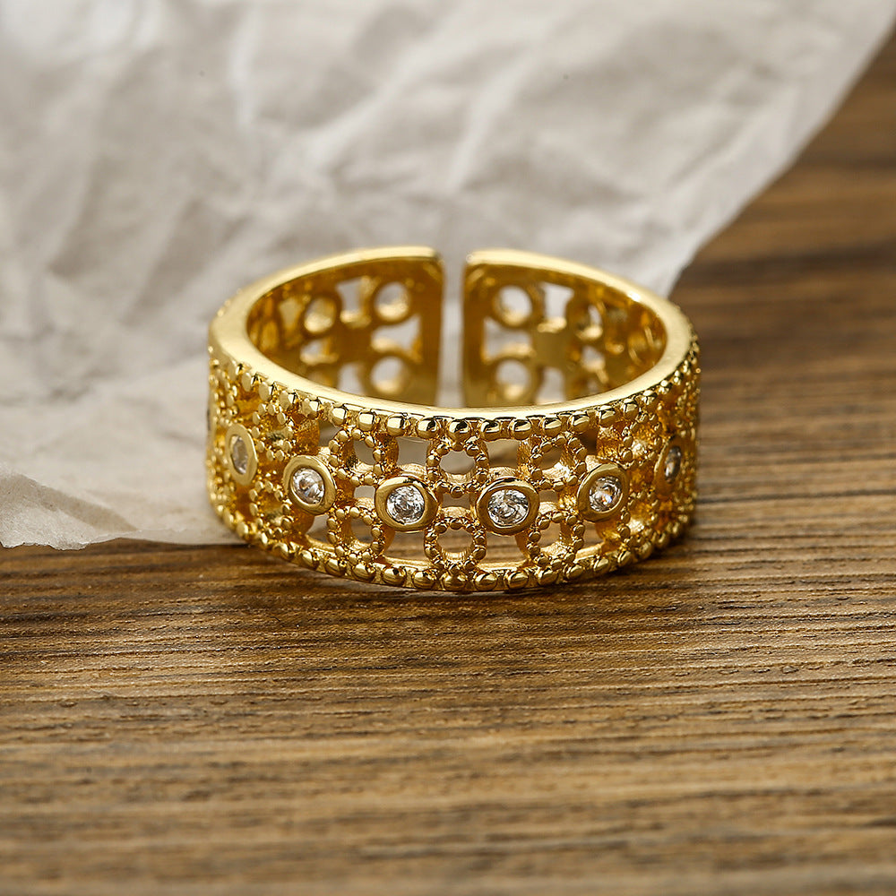 Minimalist Geometric Copper Ring with Real Gold Plating and Zircon Inlay for Women Adjustable Fashion Ring