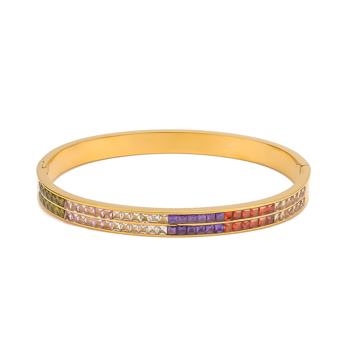 Trendy Asymmetric Rainbow PVD Plated Stainless Steel Bracelet with Colorful Rhinestones 18K Gold