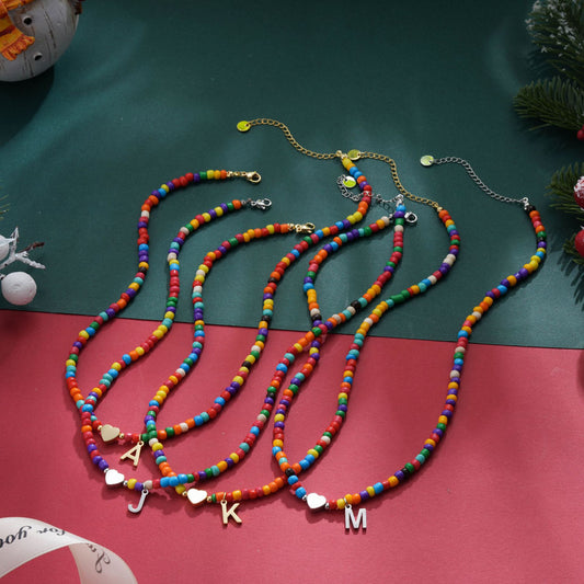 Casual 14K Gold Plated Heart Letter Stainless Steel Beaded Necklace Unisex