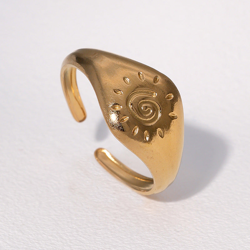 Minimalist Vintage Light Luxury 18K Gold Plated Stainless Steel Geometric Sun Symbol Open Ring for Women