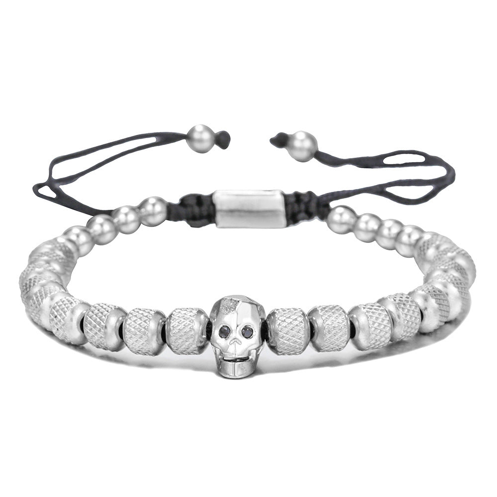 Vintage Gold Plated Titanium Steel Round Geometric Bracelet with Cubic Zirconia Skull Beads