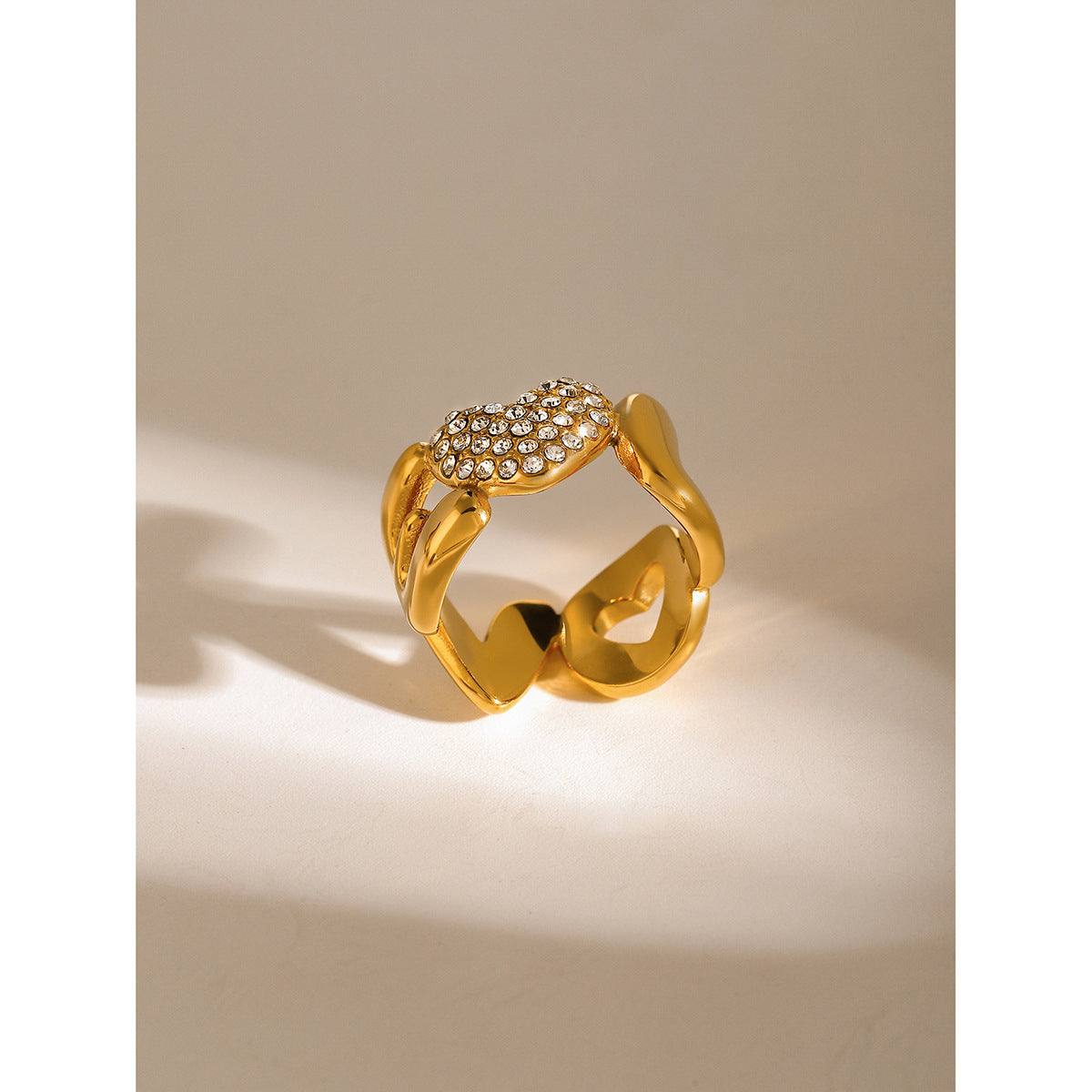 Minimalist 18K Gold Plated Stainless Steel Love Letter Heart Ring with Rhinestone Inlay Unisex