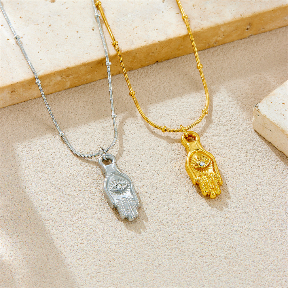 Collana con ciondolo a mano con occhio di Allah vintage in acciaio inossidabile con finitura placcata da donna