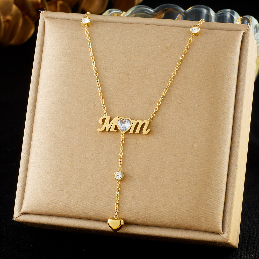Minimalist Elegant Heart Letter Rhinestone Tassel Stainless Steel Pendant Necklace for Women