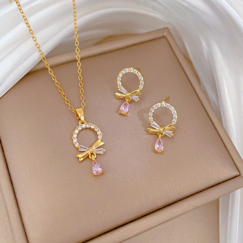 Luxury Titanium Steel Geometric Round Hoop and Teardrop Necklace and Earrings Set for Women Formal Events
