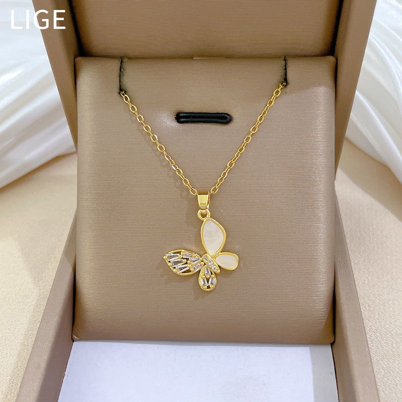 Sweet Minimalist Butterfly Rhinestone Plated Titanium Steel Necklace for Unisex