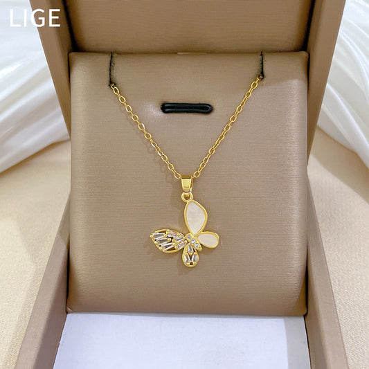 Sweet Minimalist Butterfly Rhinestone Plated Titanium Steel Necklace for Unisex