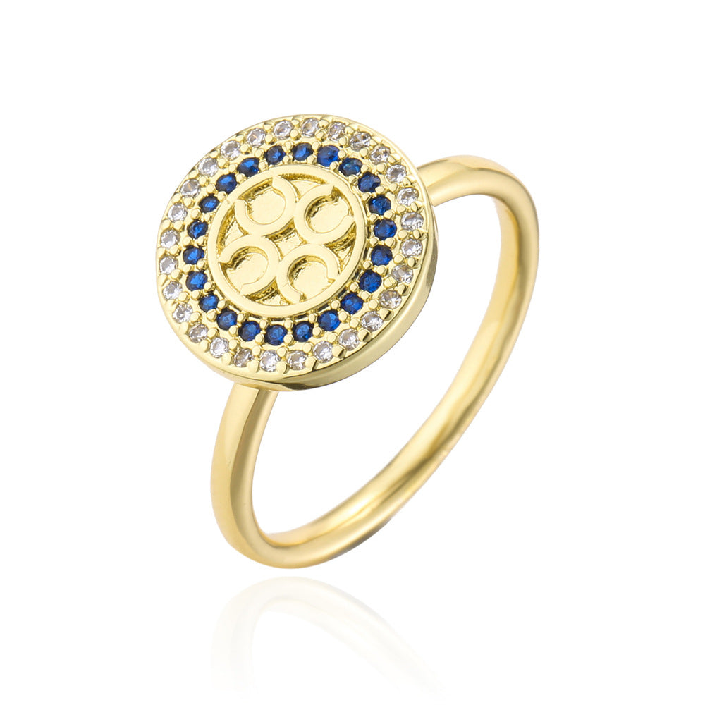 Anello aperto da donna vintage geometrico blu e bianco con zirconi, realizzato in rame con placcatura in oro vero