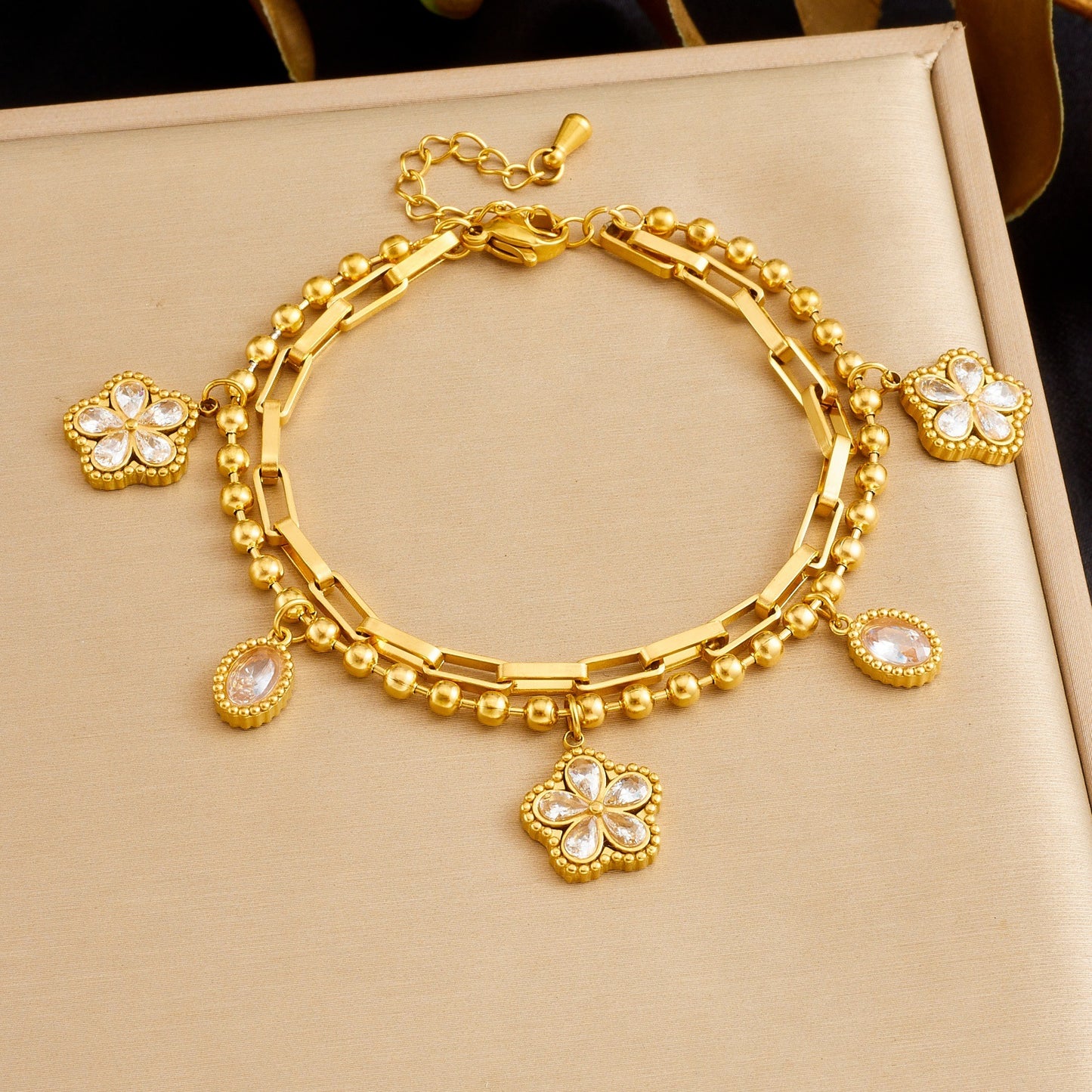 Minimalist Elegant Gold Plated Stainless Steel Floral Teardrop Rhinestone Double Layer Bracelet for Women