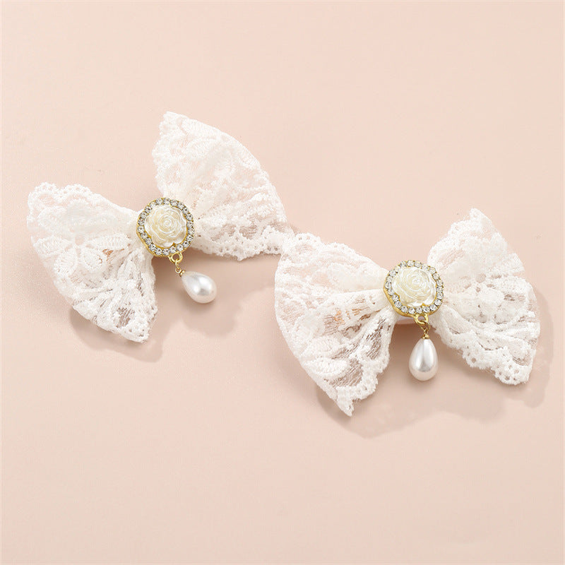 Set di Fermagli per Capelli con Pendente a Goccia in Pizzo e Rosa a Forma di Fiocco Carino per Bambini con Materiale in Tessuto