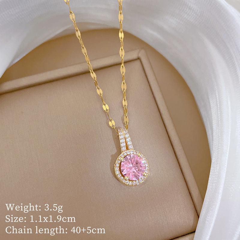 Sweet Elegant Teardrop Round Geometric Titanium Steel Necklace with Cubic Zirconia Brass Pendant for Unisex