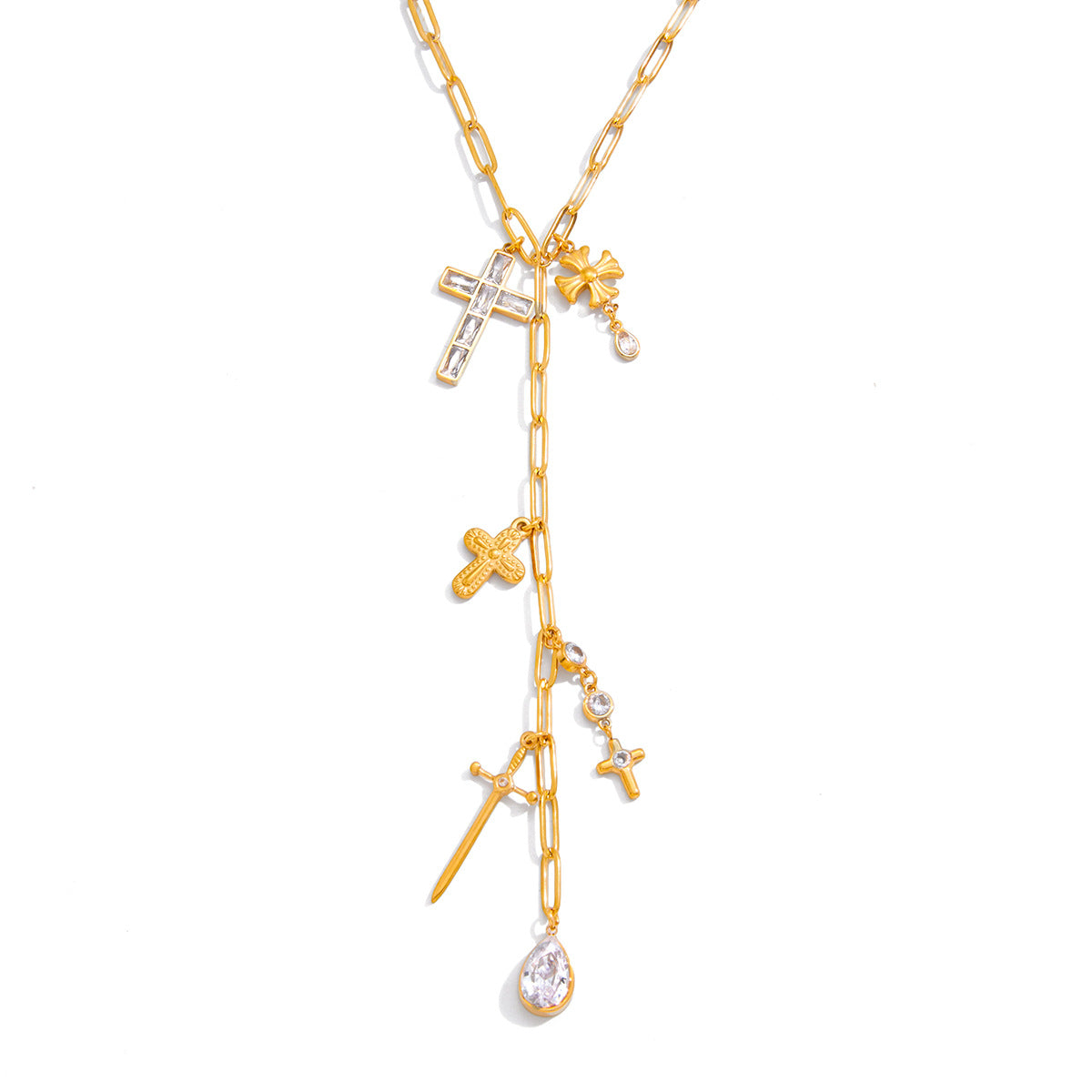 Minimalist Cubic Zirconia Cross Geometric Stainless Steel PVD Y-Chain Necklace for Women