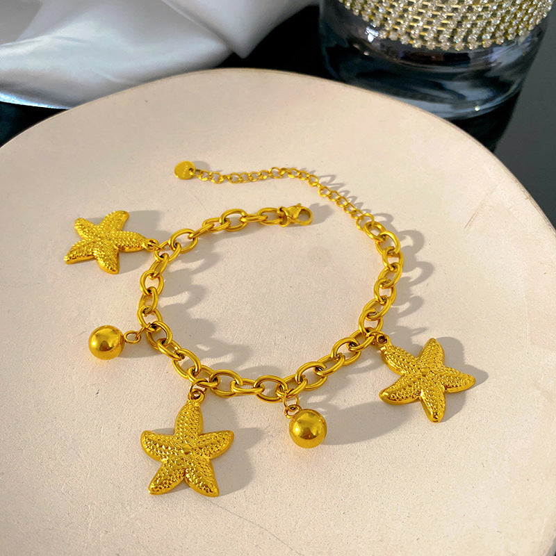 Sweet Streetwear Starfish Round Titanium Steel Plated Necklace Bracelet Earring Set with Cuban Link Chain