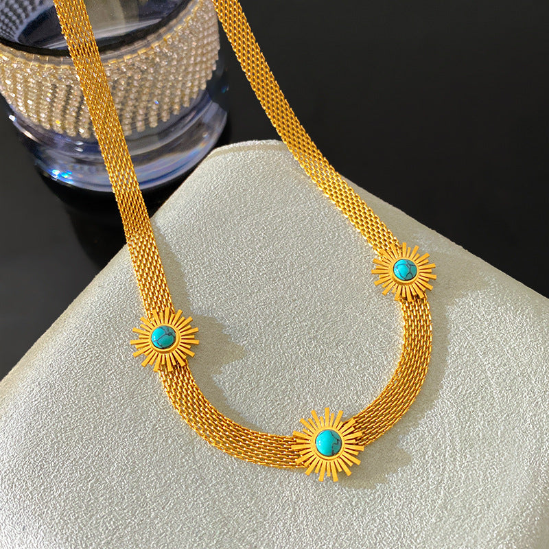 Vintage Geometric Titanium Steel Plated Rope Chain Necklace with Blue Stone Sunflower Design for Unisex