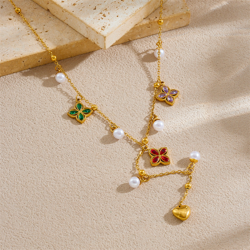 Chic Casual Colorful Floral Rhinestone Pearl Inlay Geometric Pendant Stainless Steel Y-Chain Necklace for Women
